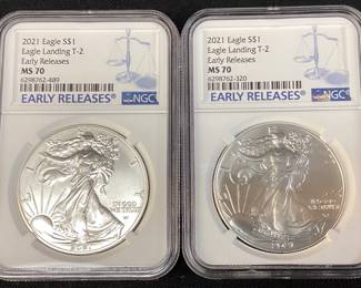 (2) 2021 SILVER AMERICAN EAGLES EAGLE LANDING T-2, EARLY RELEASES, GRADED MS70, NGC,
