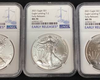(3) 2021 SILVER AMERICAN EAGLES EAGLE LANDING T-2, EARLY RELEASES, GRADED MS70, NGC,