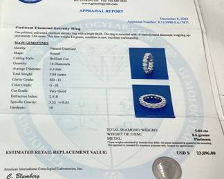 PLATINUM DIAMOND ETERNITY RING, SIZE 6.5, 5.84cts DIAMONDS, 8.6g TOTAL WEIGHT, AIGL APPRAISAL $23,896.00