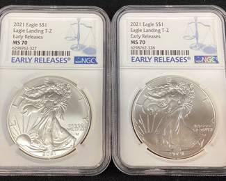 (3) 2021 SILVER AMERICAN EAGLES EAGLE LANDING T-2, EARLY RELEASES, GRADED MS70, NGC, 