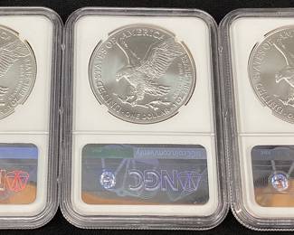 (3) 2021 SILVER AMERICAN EAGLES EAGLE LANDING T-2, EARLY RELEASES, GRADED MS70, NGC