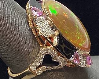 14KT YELLOW GOLD OPAL, SAPPHIRE & DIAMOND RING SIZE 8, 16.66cts OPAL, 1.52cts SAPPHIRE, 0.98cts DIAMONDS, 10.9g TOTAL WEIGHT,
GAL APPRAISAL $13,300.00, 