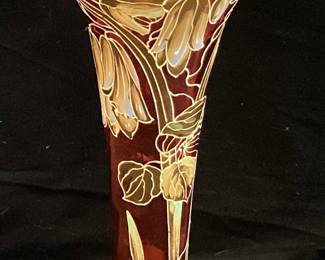 GOLD DECORATED RUBY GLASS VASE, 9.5