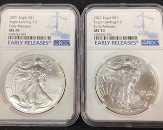 (2) 2021 SILVER AMERICAN EAGLES EAGLE LANDING T-2, EARLY RELEASES, GRADED MS70, NGC,  
