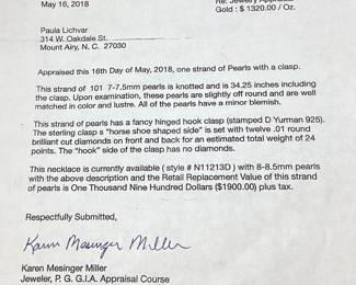 DAVID YURMAN PEARL NECKLACE w STERLING SILVER & DIAMOND CLASP 34.25’’ L, 0.24cts DIAMONDS, APPRAISAL $1,900.00,