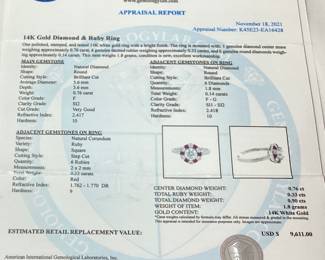 14KT WHITE GOLD DIAMOND & RUBY RING, SIZE 6.75, 0.90cts DIAMONDS, 0.33cts RUBIES, 1.8g TOTAL WEIGHT, AIGL APPRAISAL $9,611.00