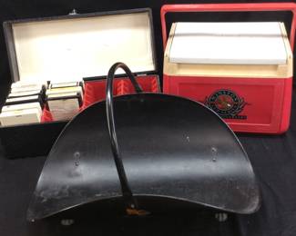 assorted 8 track tapes, fire wood carrier