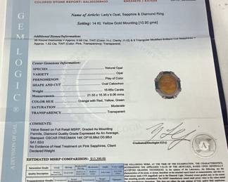 14KT YELLOW GOLD OPAL, SAPPHIRE & DIAMOND RING SIZE 8, 16.66cts OPAL, 1.52cts SAPPHIRE, 0.98cts DIAMONDS, 10.9g TOTAL WEIGHT,
GAL APPRAISAL $13,300.00, 