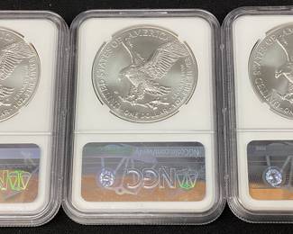 (3) 2021 SILVER AMERICAN EAGLES, EAGLE LANDING T-2, EARLY RELEASES, GRADED MS70, NGC
