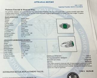 PLATINUM EMERALD & DIAMOND RING, SIZE 7, 1.56cts EMERALD, 0.75cts DIAMONDS, 7.8g TOTAL WEIGHT, AIGL APPRAISAL $18,254.00