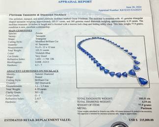 PLATINUM TANZANITE & DIAMOND NECKLACE, 18’’ L, 105.51cts TANZANITE, 4.19cts DIAMONDS, 77.9g TOTAL WEIGHT, AIGL APPRAISAL $215,000.00