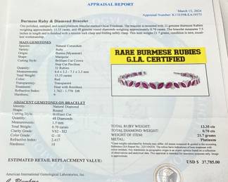 PLATINUM RUBY & DIAMOND BRACELET, 7.5’’ L, RARE G.I.A. CERTIFIED BURMESE RUBIES, 13.35cts RUBIES 0.70cts DIAMONDS, 21.7g TOTAL WEIGHT
AIGL APPRAISAL $37,785.00,