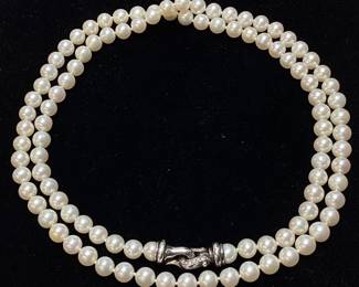 DAVID YURMAN PEARL NECKLACE w STERLING SILVER & DIAMOND CLASP 34.25’’ L, 0.24cts DIAMONDS, APPRAISAL $1,900.00,