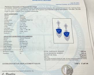 PLATINUM TANZANITE & DIAMOND EARRINGS, 4.05cts TANZANITE, 1.66cts DIAMONDS, 8.9g TOTAL WEIGHT, AIGL APPRAISAL $17,407.00

