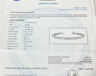 14KT WHITE GOLD DIAMOND BRACELET, 7’’ L, 10.02cts DIAMONDS, 18g TOTAL WEIGHT, AIGL APPRAISAL $40,479.00