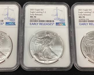 (3) 2021 SILVER AMERICAN EAGLES EAGLE LANDING T-2, EARLY RELEASES, GRADED MS70, NGC