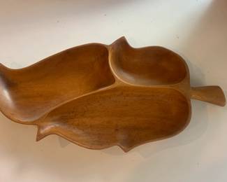 Three section leaf shaped wood monkey pod dish