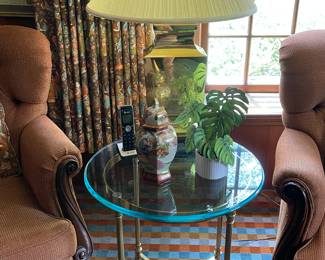 Glass & brass table with end table with hoof feet