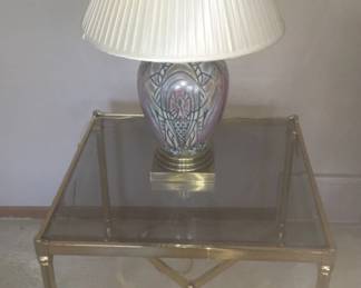 ELLO BRASS AND GLASS OCCASIONAL TABLE.                  FREDERICK COOPER TABLE LAMP