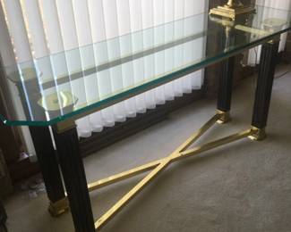 GLASS, BRASS AND CARVED WOOD CONSOLE TABLE