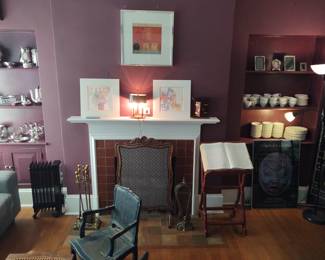 Antique Book Stand -fireplace screens, Huge Johnson brothers classic white English china (perfect for weddings)-child's chairs-leather Swedish sofa-art more