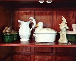 Boar terrine-classic Parian ware hunting pitcher-more terrines--praying chicken