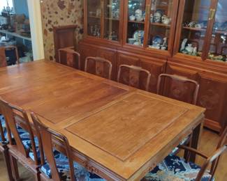 Amazing Dark Cherry Rosewood  Chinese  Longevity Dining Room table and 8 Chairs. Rosewood two piece China cabinets
