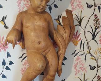 One of 4 amazing carved wood Italian religious sculptures. cherubs These are almost 3 feet tall!  