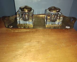 Antique Brass double ink well desk set