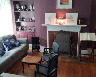 Vintage wood fireplace --screen Leather Swedish sofa