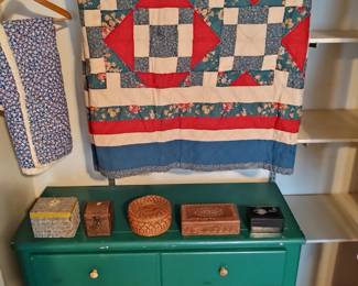 Vintage painted dresser, Vintage hand made quilts