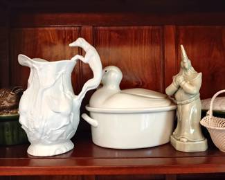 Vista  Alegre Bisque Hunting Game White Pitcher with Greyhound ---duck tureen--praying rooster (who knew?)-lattice basket