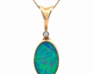 Designer "Kabana" Opal & Diamond Oval Pendant in 14k Yellow Gold