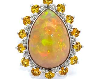 Lavish 9.35 Carat Opal, Orange Sapphire & Diamond Pear Halo Cocktail Ring in Platinum
