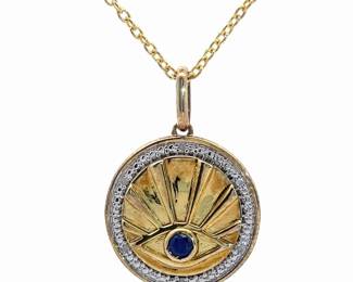 Diamond Evil Eye Medallion Sunset Pendant Necklace