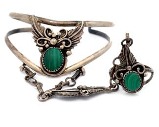 Vintage Gothic Style Malachite Harness Cuff Bracelet & Connected Ring