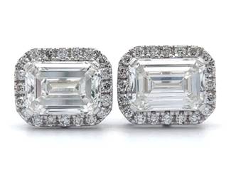 High Grade! 3.32 Carat Emerald Cut Diamond Earrings with Diamond Halos in 14k White Gold w/ IGI Reports