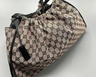 Gucci GG Drawstring Hobo Bag - Canvas/Black Logo - Authentic