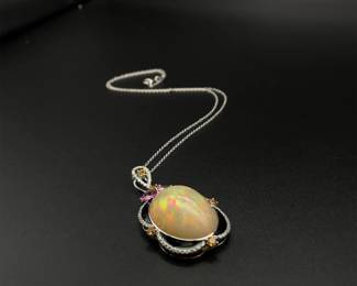 Exquisite 35.01 Carat Diamond & Natural Opal & Sapphire Pendant Necklace in Platinum