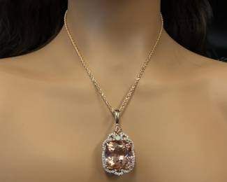 50.29 Carat Morganite & Diamond Cushion Fleur de lis Pendant Necklace in 14k Rose Gold