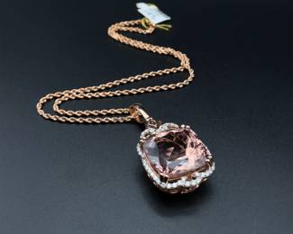 50.29 Carat Morganite & Diamond Cushion Fleur de lis Pendant Necklace in 14k Rose Gold