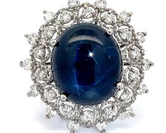 NEW! 15.20 Carat Star Sapphire & Diamond Halo Cluster Ring in 14k White Gold