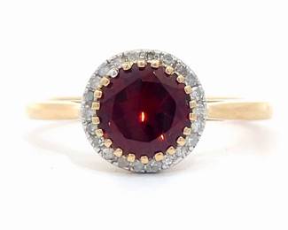 Round Garnet & Diamond Halo Basket Ring in Yellow Gold