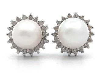 White Pearl & Diamond Round Button Earrings in 14k White Gold