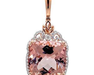 50.29 Carat Morganite & Diamond Cushion Fleur de lis Pendant Necklace in 14k Rose Gold