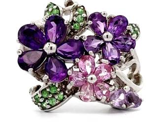 Garden Vine Amethyst, Peridot & Pink Topaz Corsage Bouquet Ring