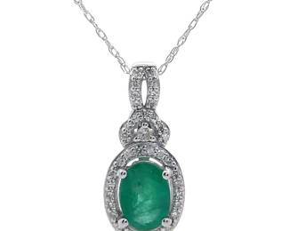 Oval Emerald & Diamond Halo Infinity Love Knot Pendant Necklace in 14k White Gold