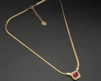 Vintage 1980's Christian Dior Authentic Designer Gold Vintage 17" to 18" Necklace with Red Stone