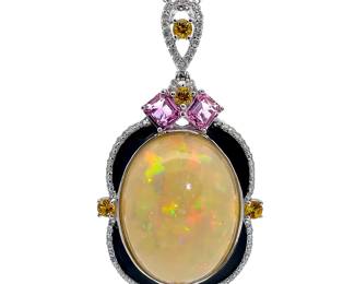Exquisite 35.01 Carat Diamond & Natural Opal & Sapphire Pendant Necklace in Platinum
