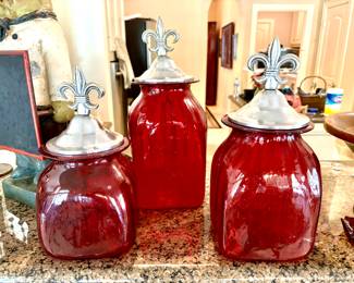 Ruby red fleur de lis glass canister set